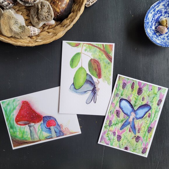 Fairies About - Set of 3 Whimsical Watercolor Fantasy Blank Greeting Cards - Picture 1 of 10